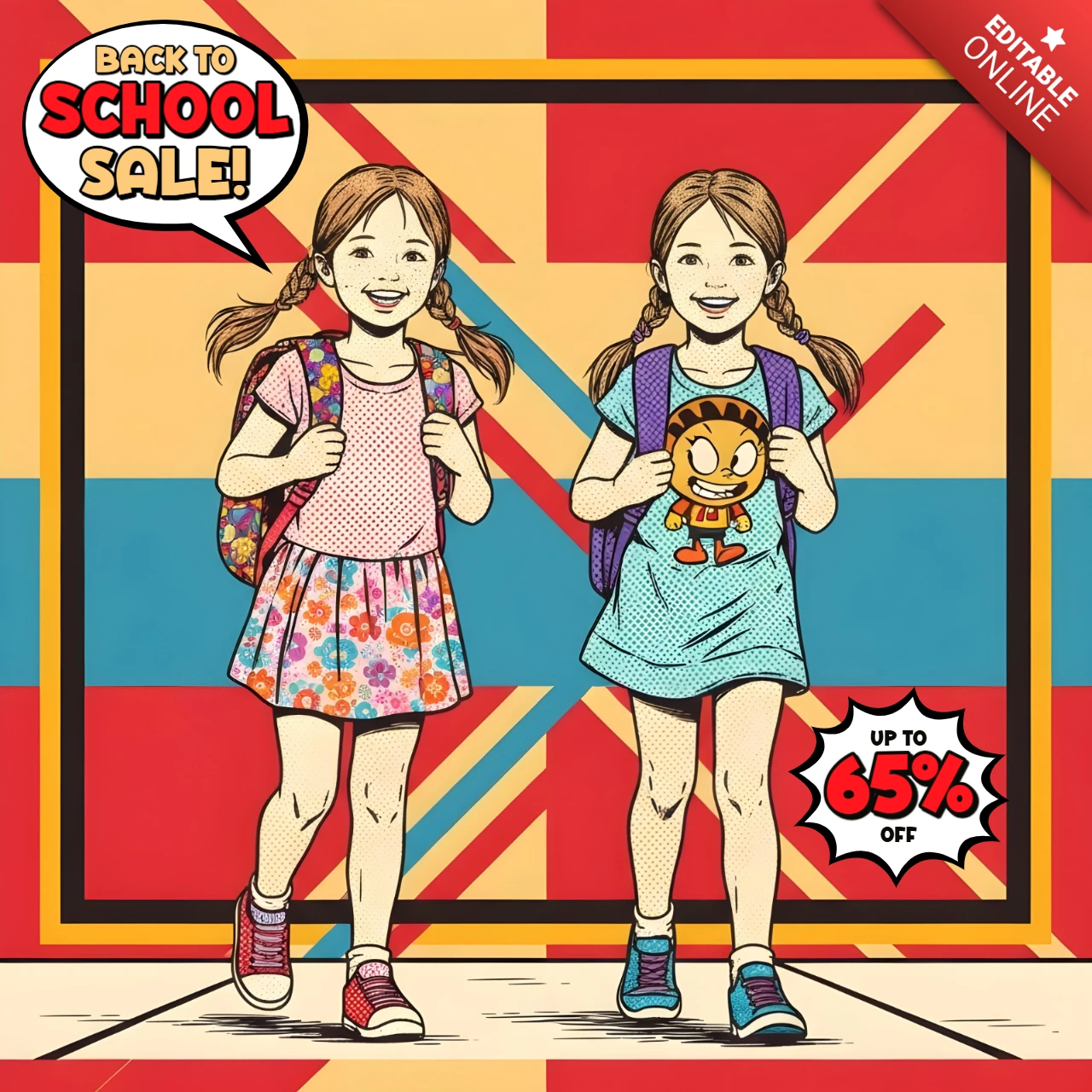 Art de vente de retour à l'école en style bande dessinée avec des enfants marchant, rayons colorés et design de burst de 65 % de réduction pour des flyers promotionnels.