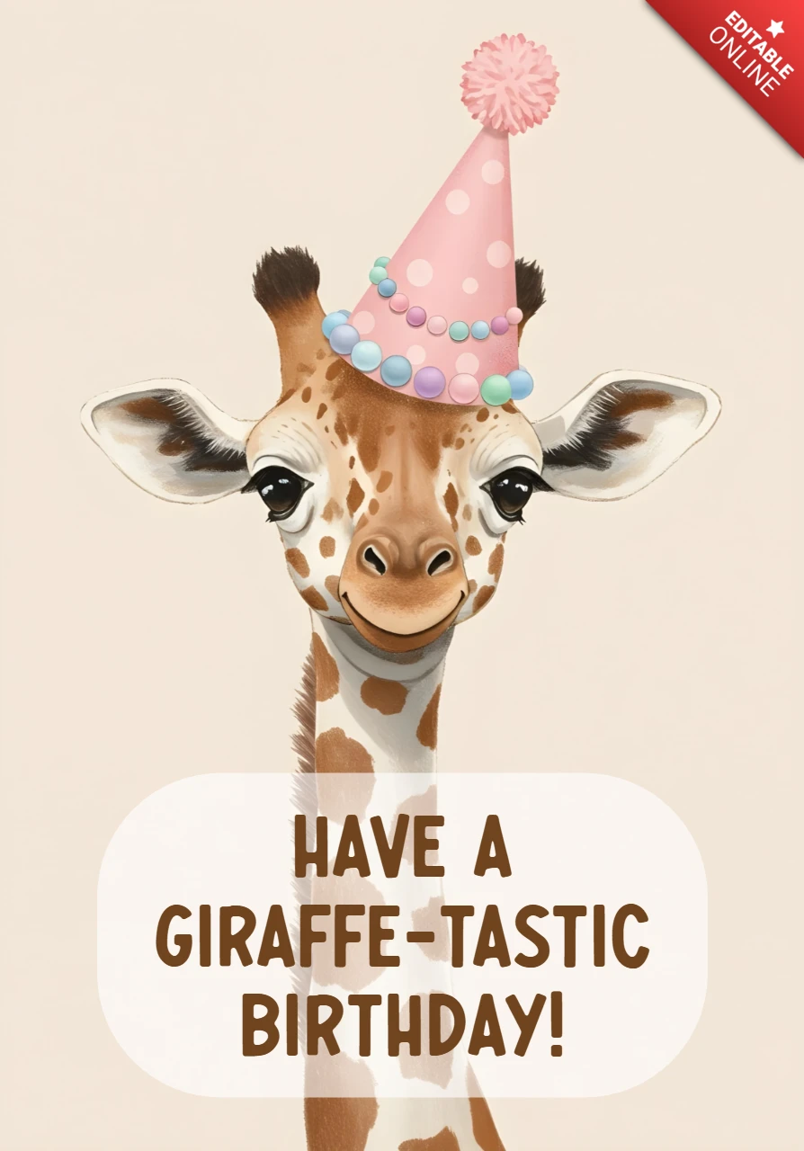 Cute Giraffe Birthday Card Template with Party Hat