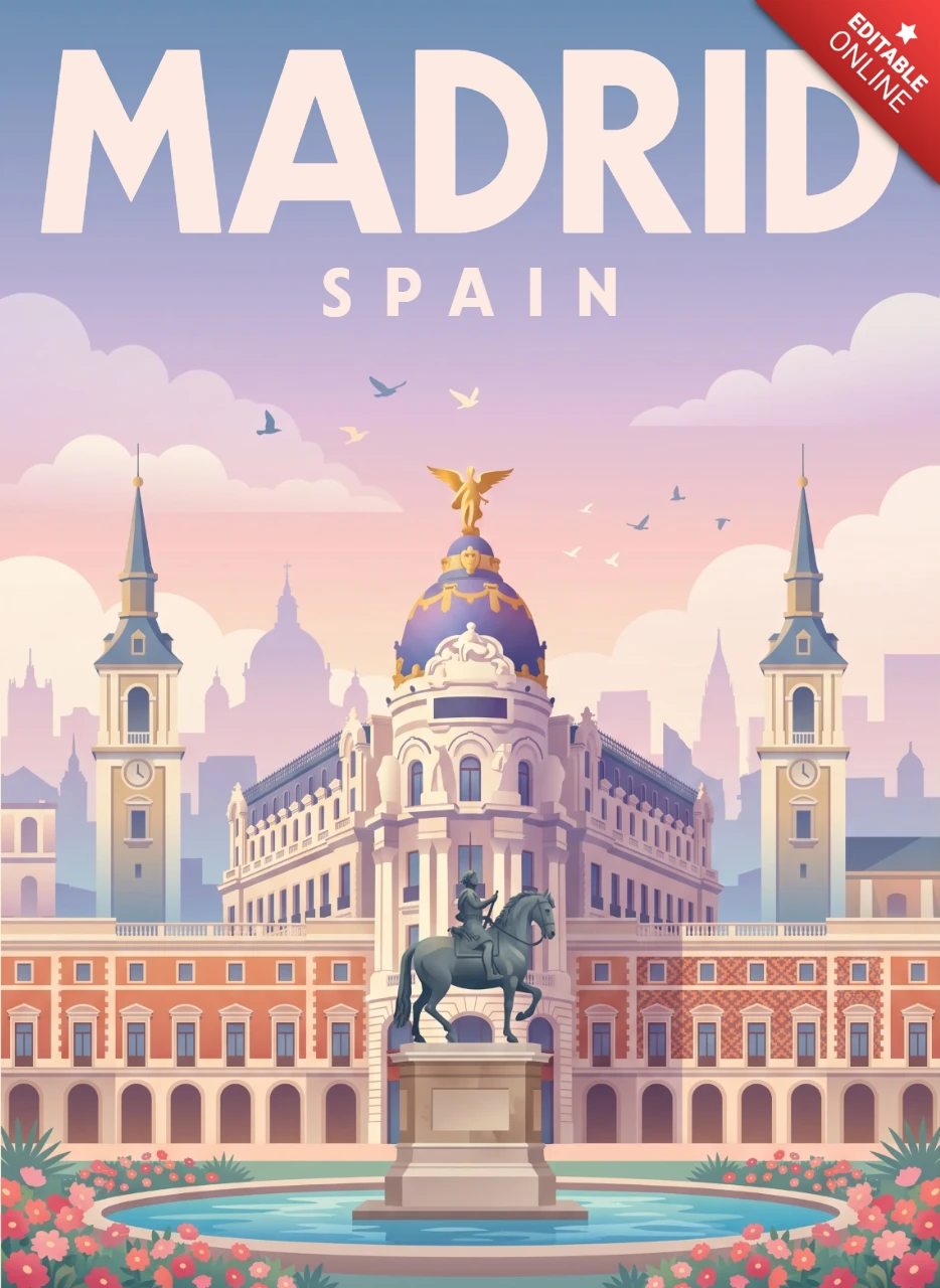 Madrid Retro Vintage Landmark Poster Spain Equestrian Statue Sunset Skyline Historic Building Domes Towers Nostalgic Wall Art Print