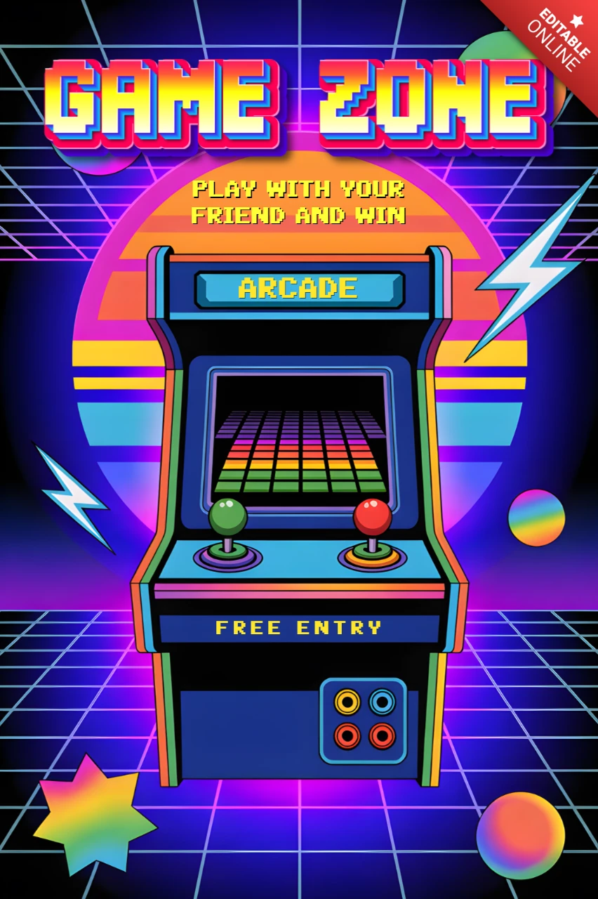 Шаблон зоны неоновых аркадных игр для флаеров ретро-игровых мероприятий