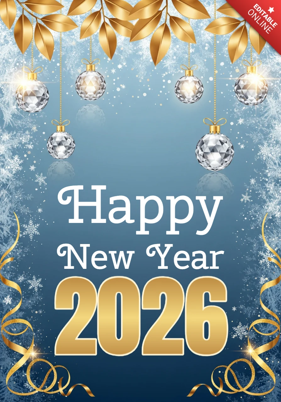 Elegant New Year Card 2026 Template with Snowflakes, Crystal Drops, and Golden Glow