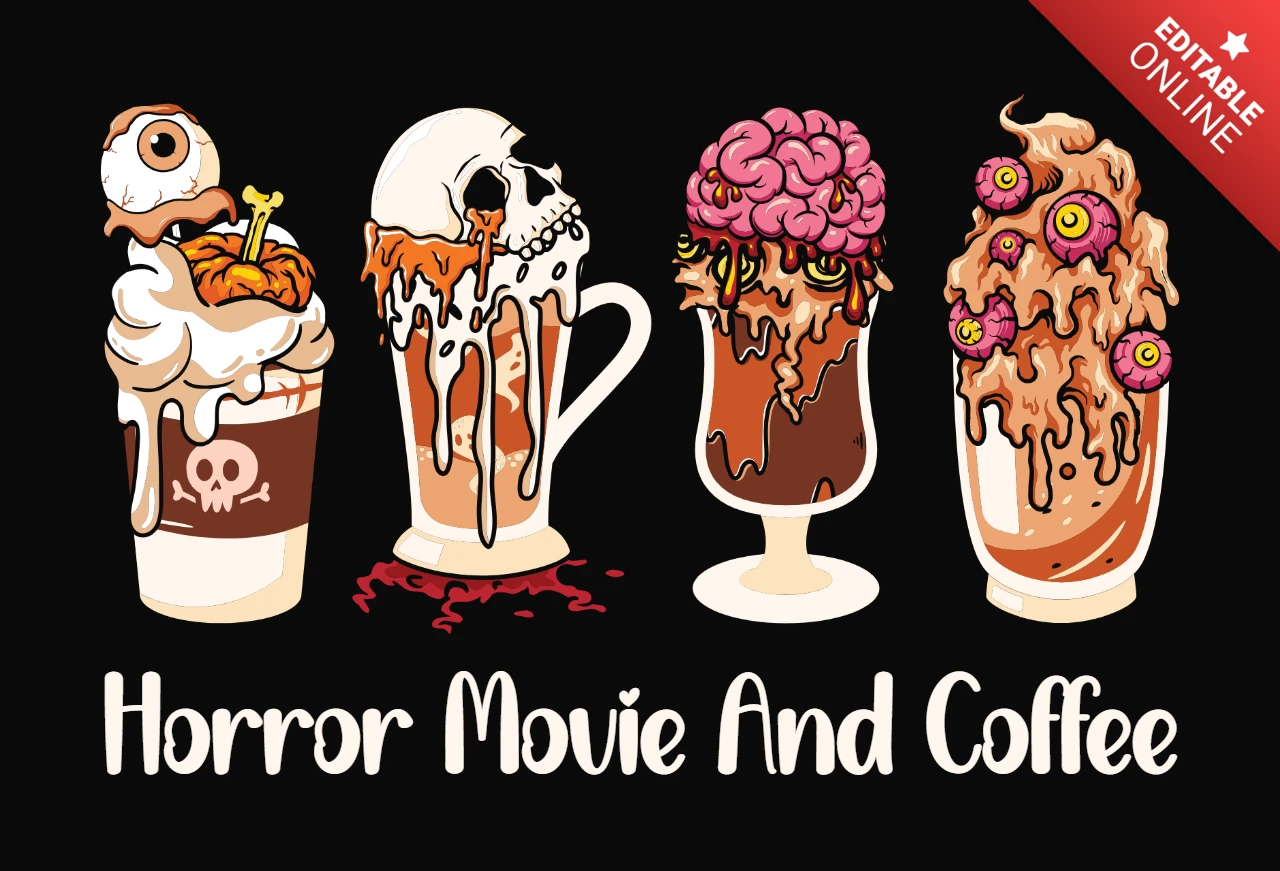 Modelo de design de camiseta de halloween de filme de terror e café