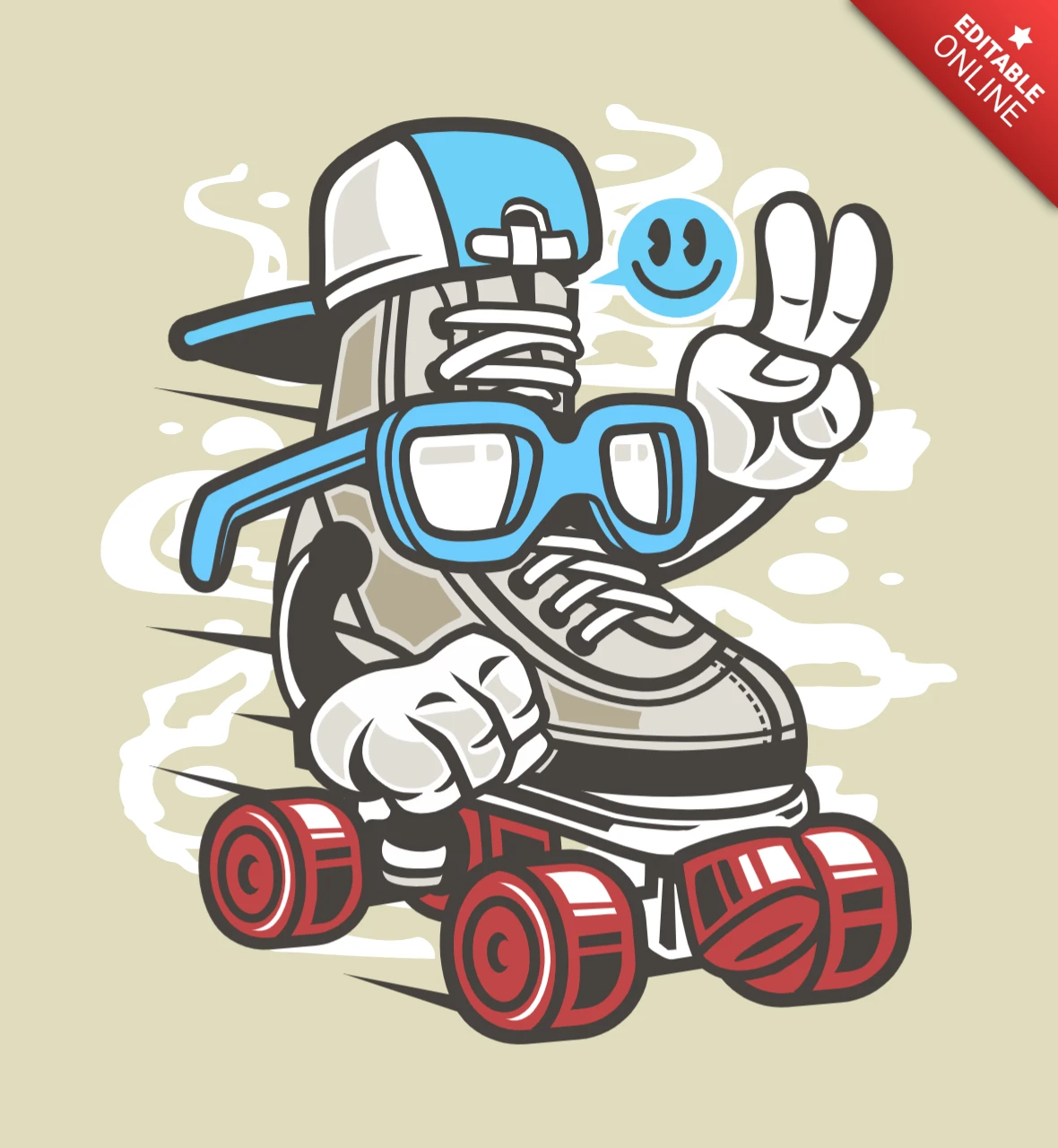 Hipster-Rollschuhfahrer-Cartoon-Figur-T-Shirt-Design-Vorlage