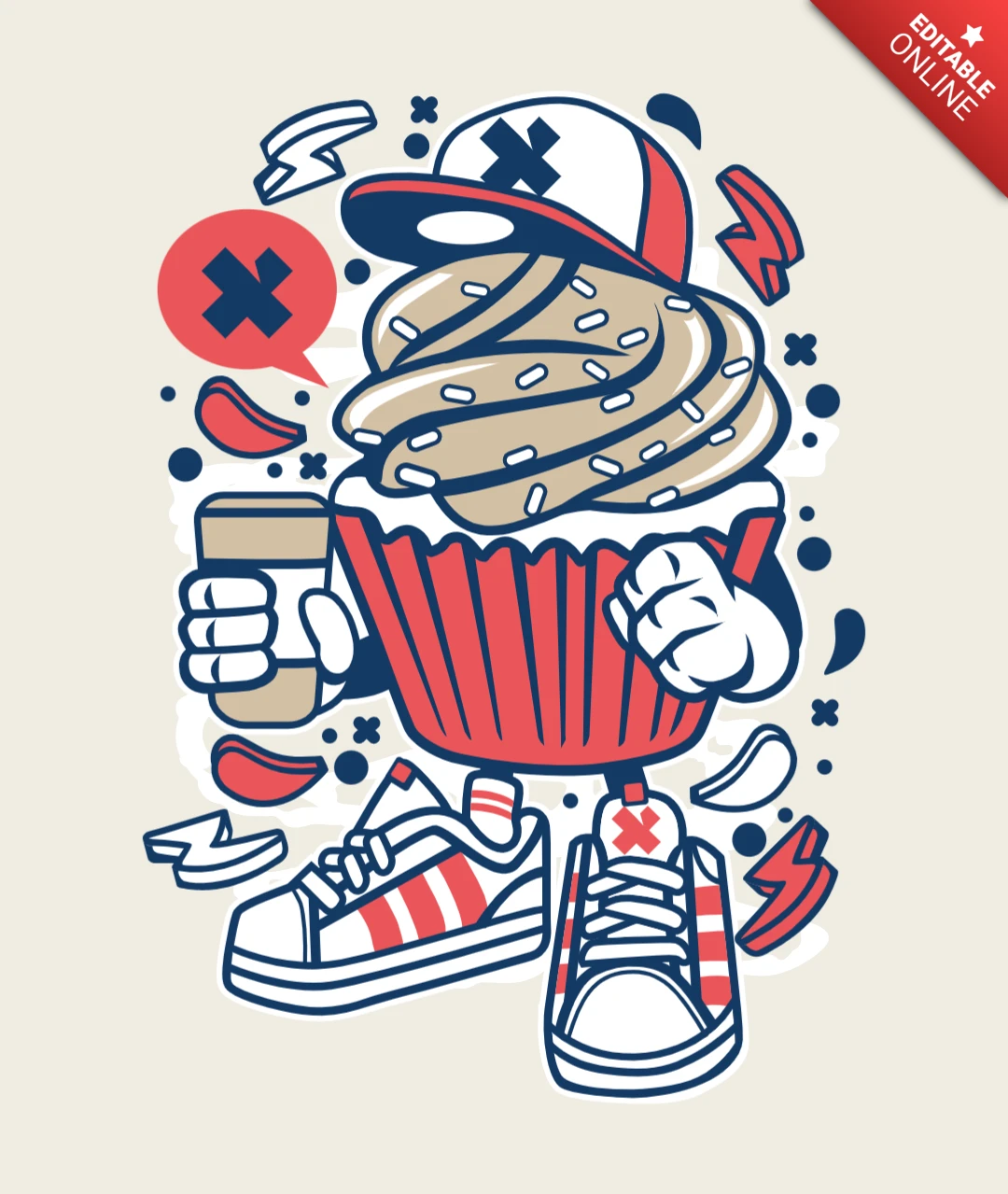 Modelo de design de camiseta de personagem de desenho animado de cupcake