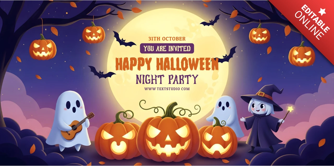 Halloween Party Invitation Ghost Guitarist, Smiling Witch & Glowing Pumpkins Youtube Cover Design Template