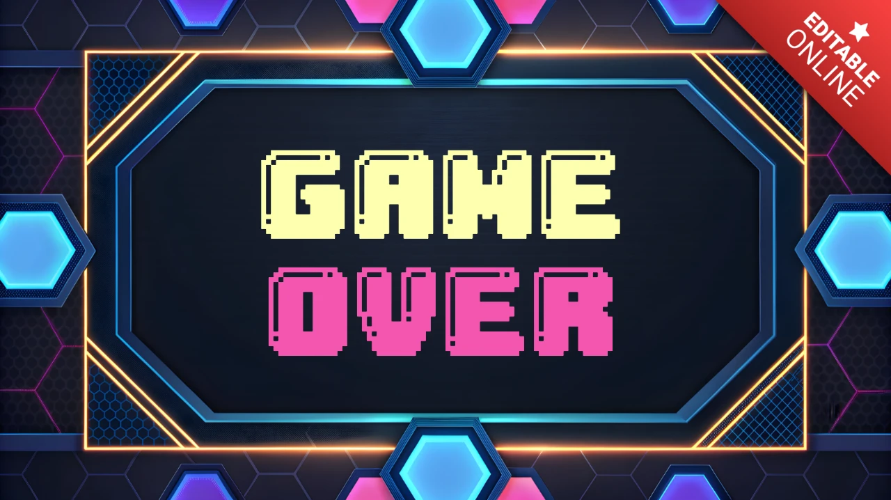 Modèle de design rétro game over avec des éléments hexagonaux néon