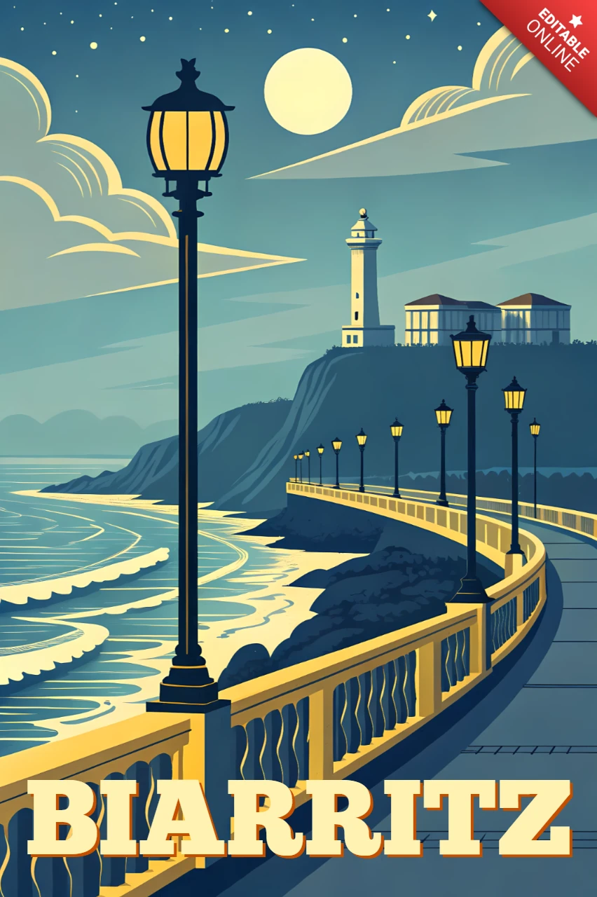 Template de design de cena costeira vintage de Biarritz para pôsteres de viagem