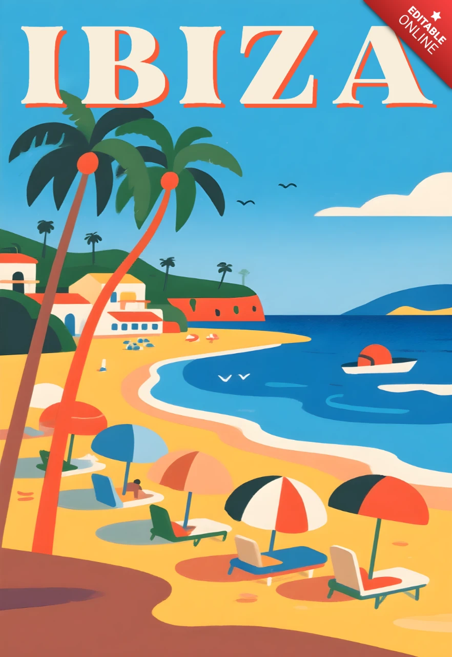 Retro Flat Beach Scene Design Template for Ibiza Travel Posters