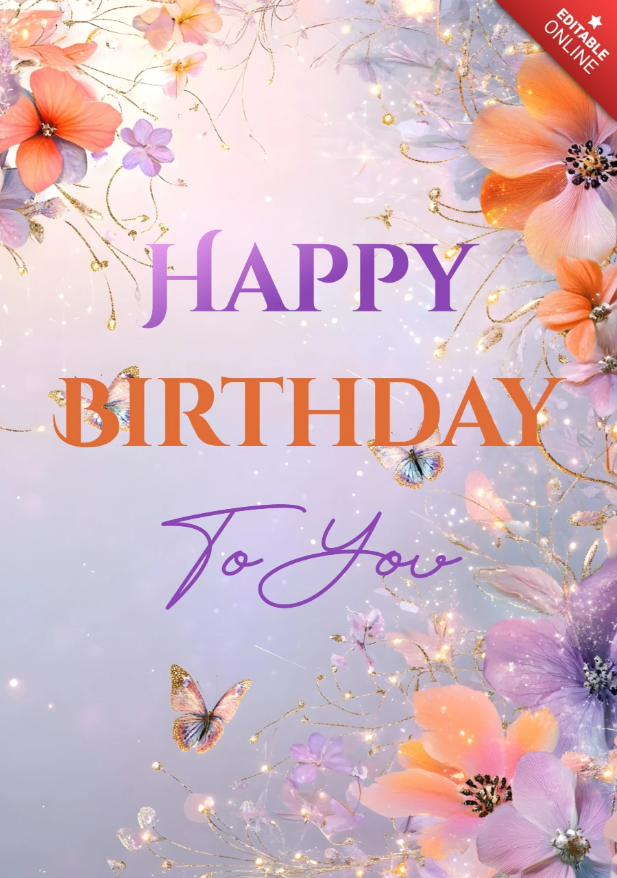 Floral and Butterfly Pastel Happy Birthday Card Template