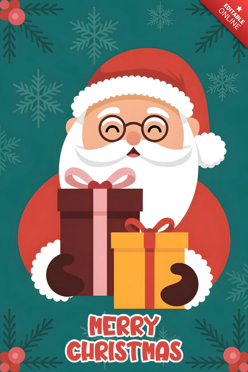 メリークリスマスカード サンタクロースのイラストと贈り物、装飾的な冬のアクセントを大胆なタイポグラフィで表現