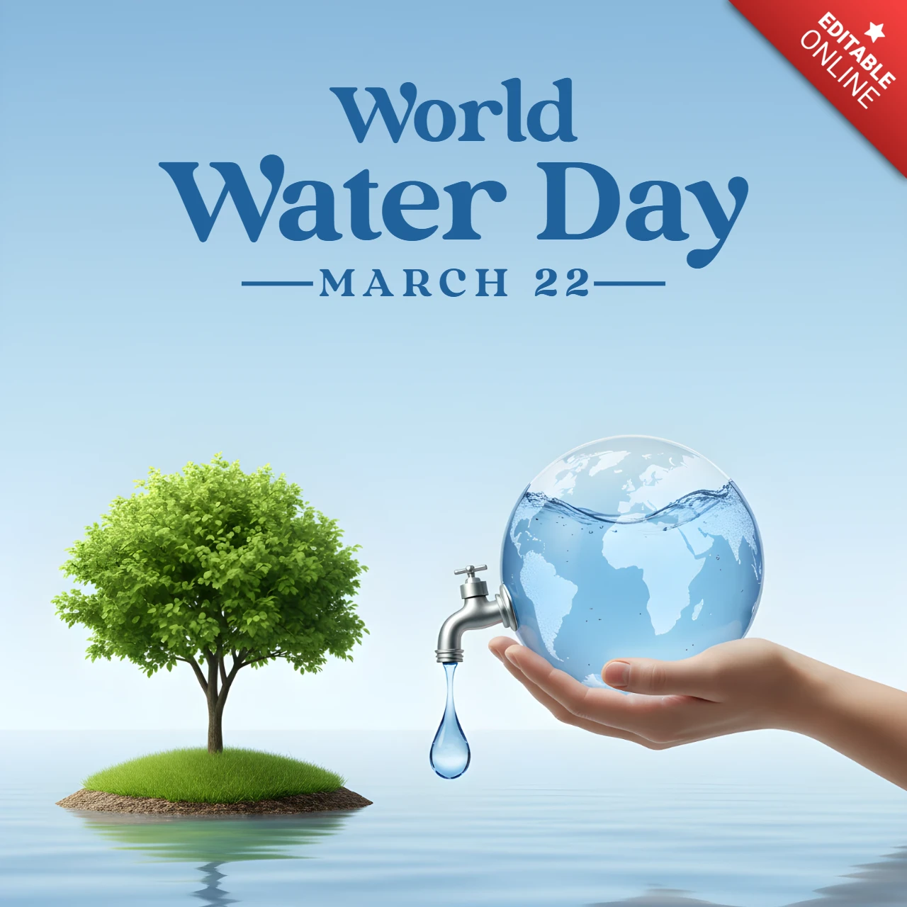 Póster decorativo del Día Mundial del Agua con tema de gota, árbol y naturaleza.