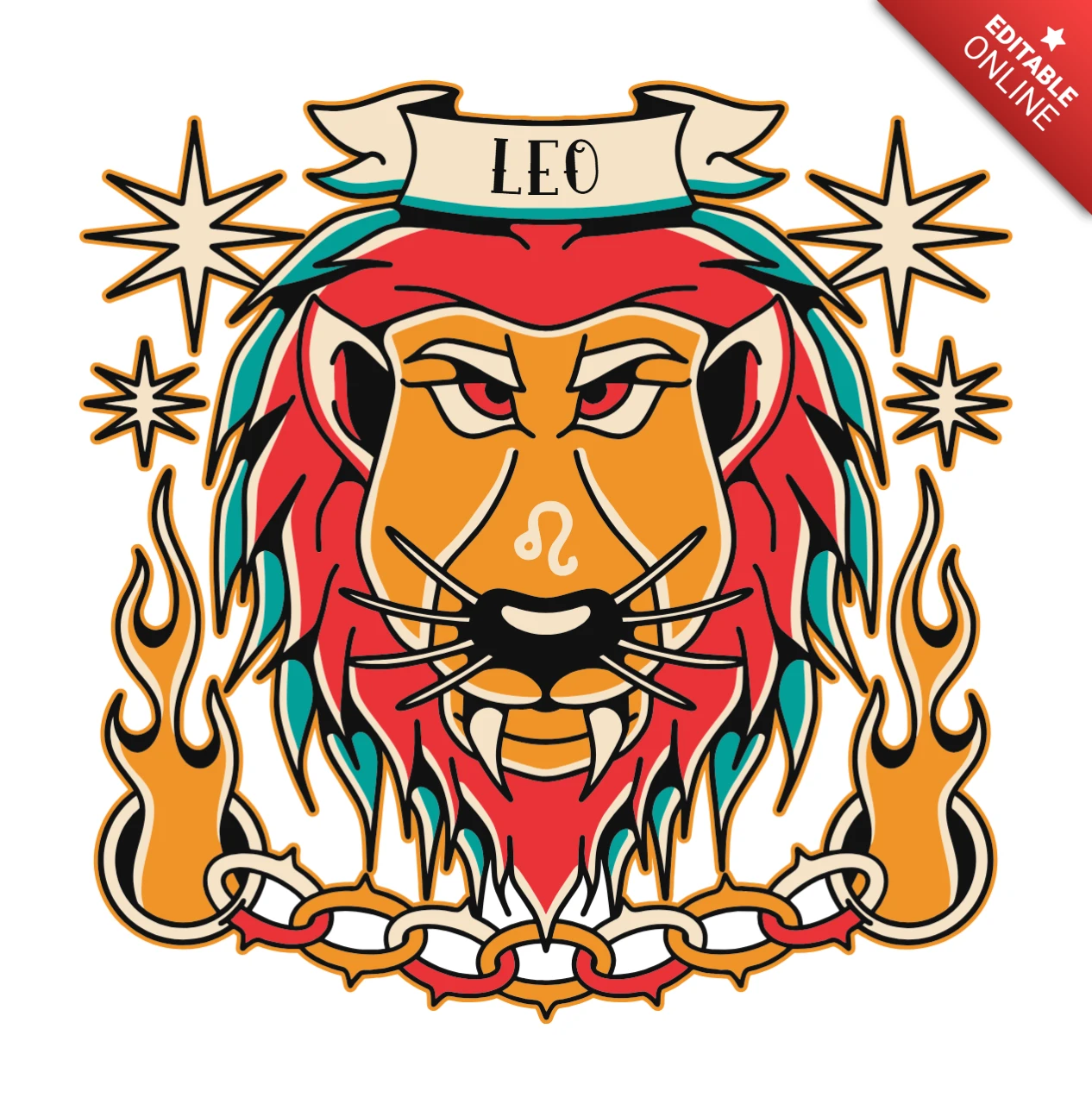 Bold Leo Zodiac Design Template with Retro Tattoo Style