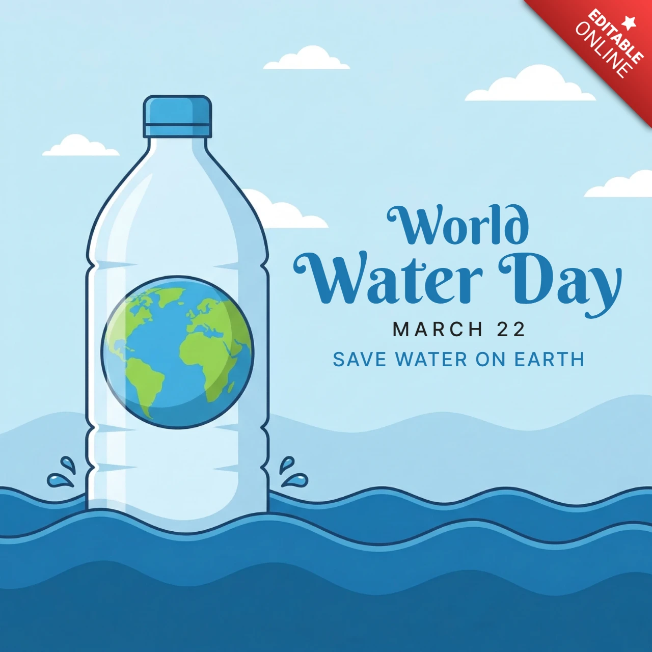 2026年世界水の日ポスター、地球のイラストが描かれたプラスチックボトルで「地球の水を守ろう」というテーマを強調しています。