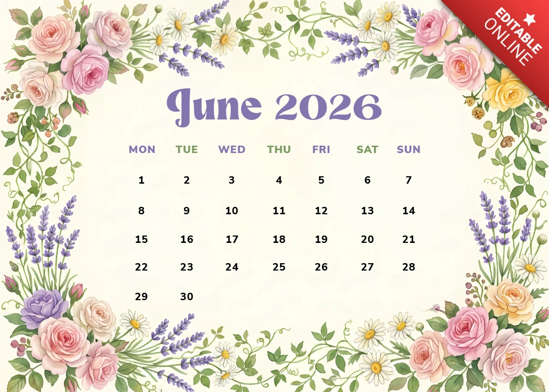 June 2026 Monthly Calendar Featuring Elegant Roses, Lavender and Wildflower Illustrations