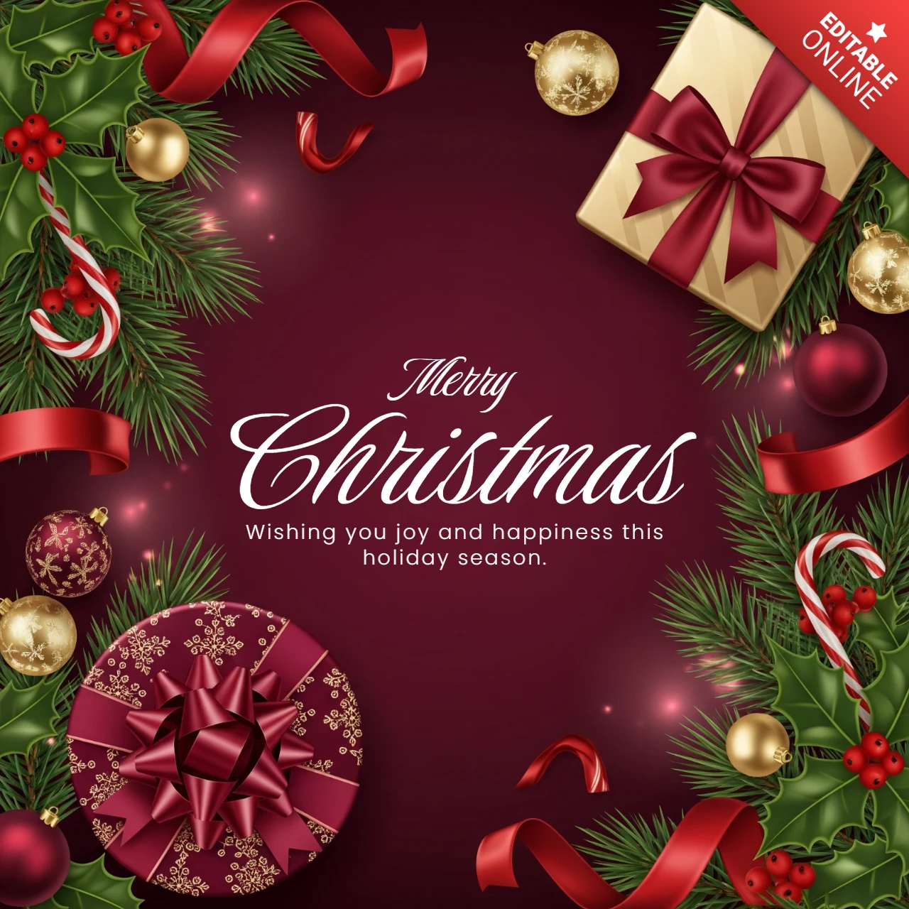 Merry Christmas Card Festive Garland with Ornaments and Candy Canes Framing Wishing You Joy and Happiness Message Design Template