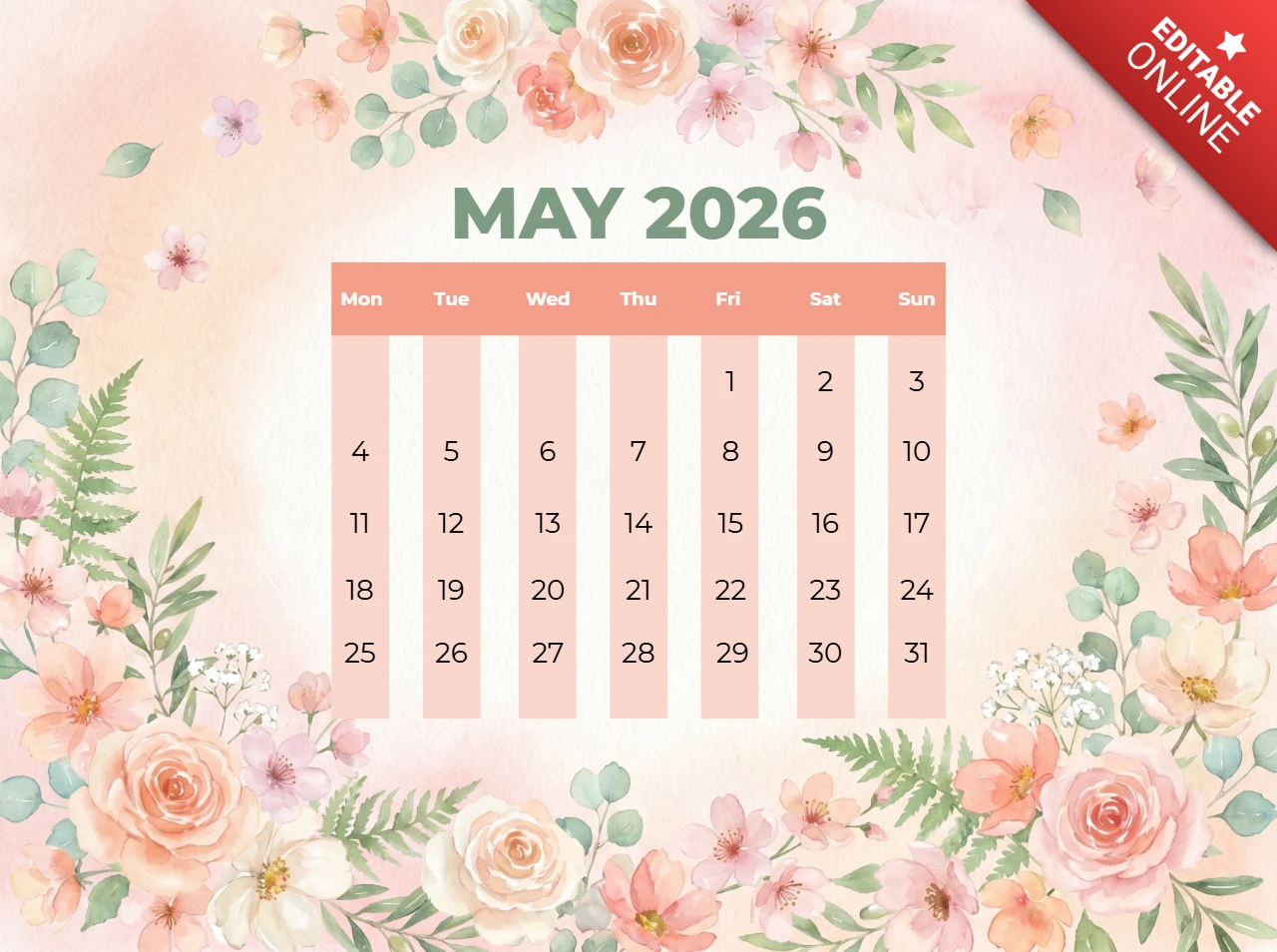 Floral Watercolor Calendar Template for May 2026 Design