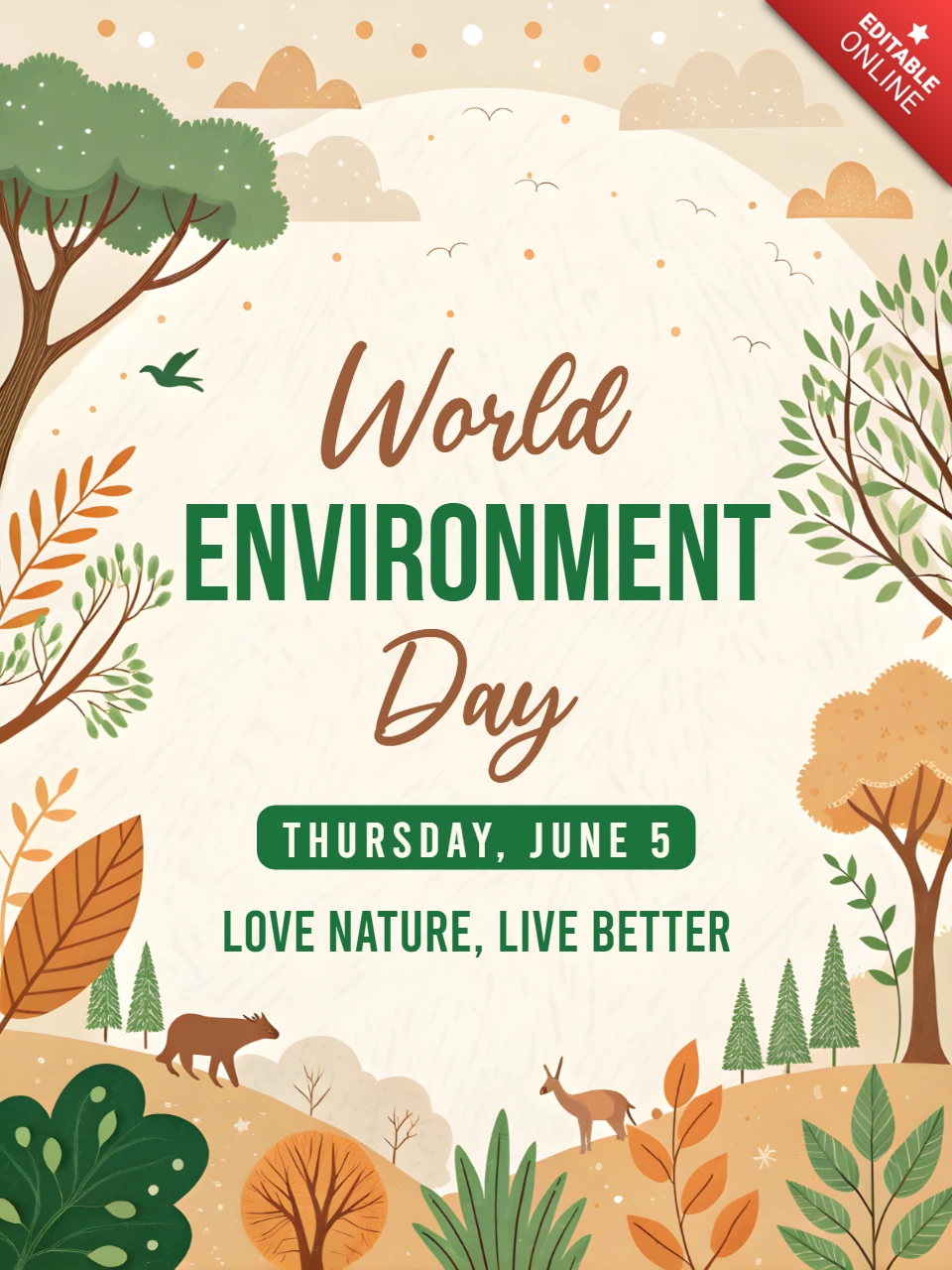 Diseño de animales del bosque para plantilla editable para el Día Mundial del Medio Ambiente