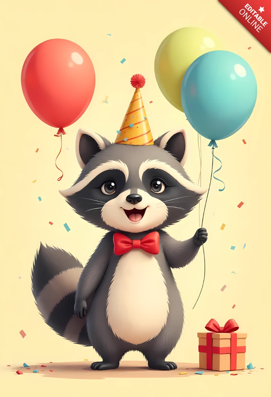 Modelo de convite de festa de aniversário de guaxinim adorável