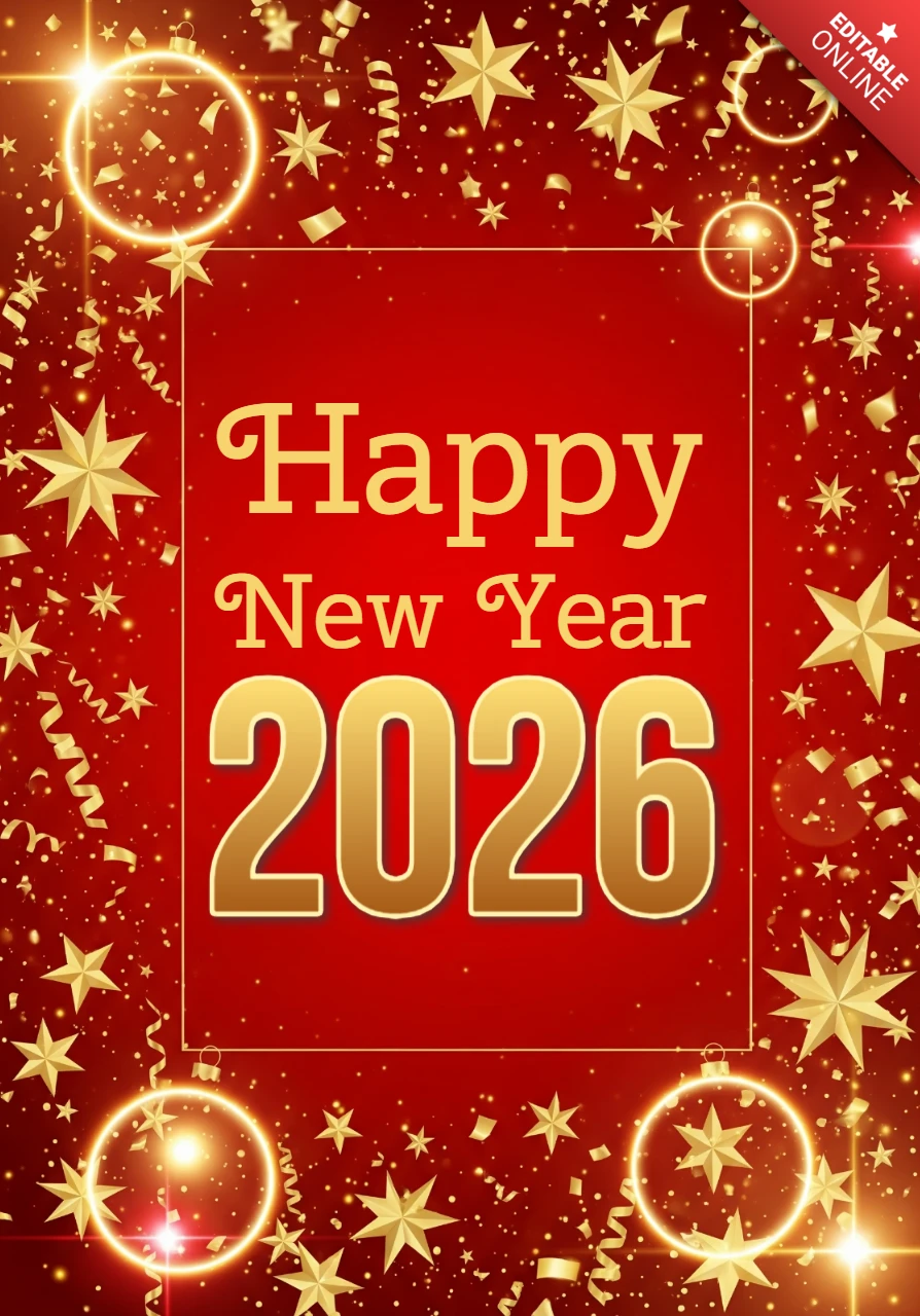 Happy New Year 2026 Greeting Card Red Background with Golden Stars & Sparkling Confetti"
