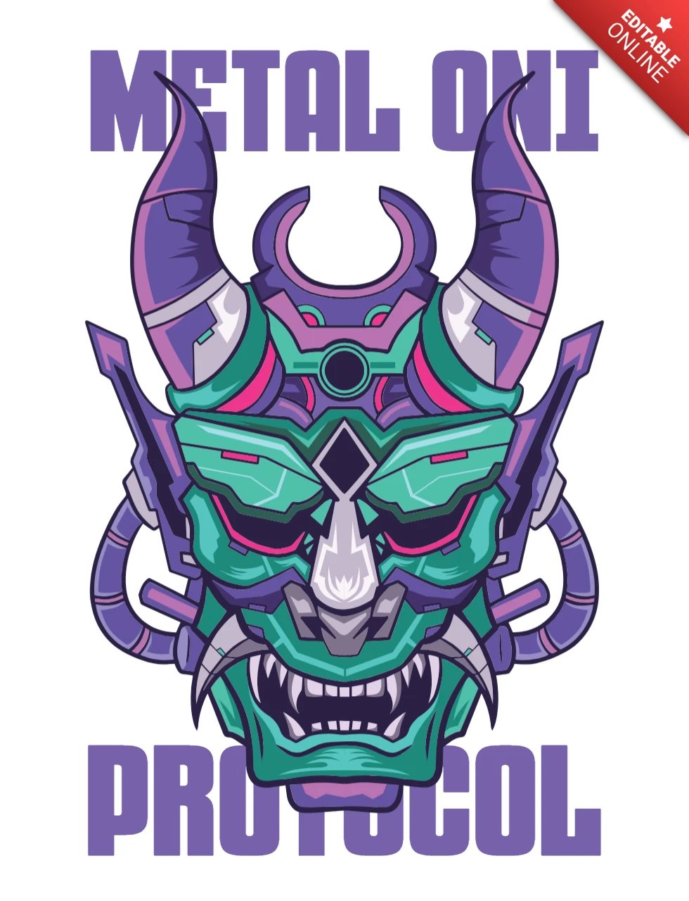 Metal Oni Protocol Cyber Demon Mask with Tubes, Horns, and Futuristic T-Shirt Design Template