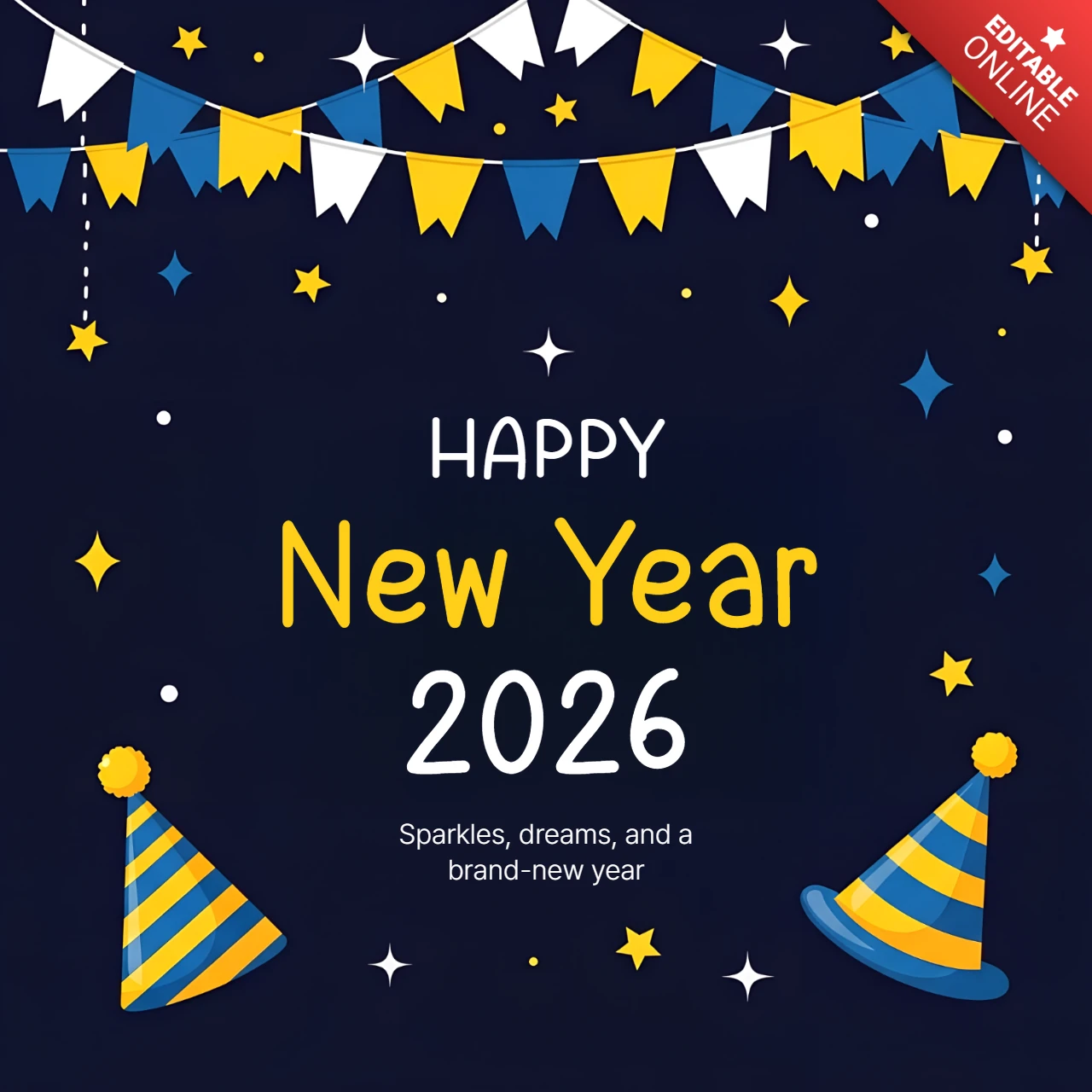 Festliches Neujahrsfeier-Vorlagendesign mit Partyhüten und Bannern für Grußkarten