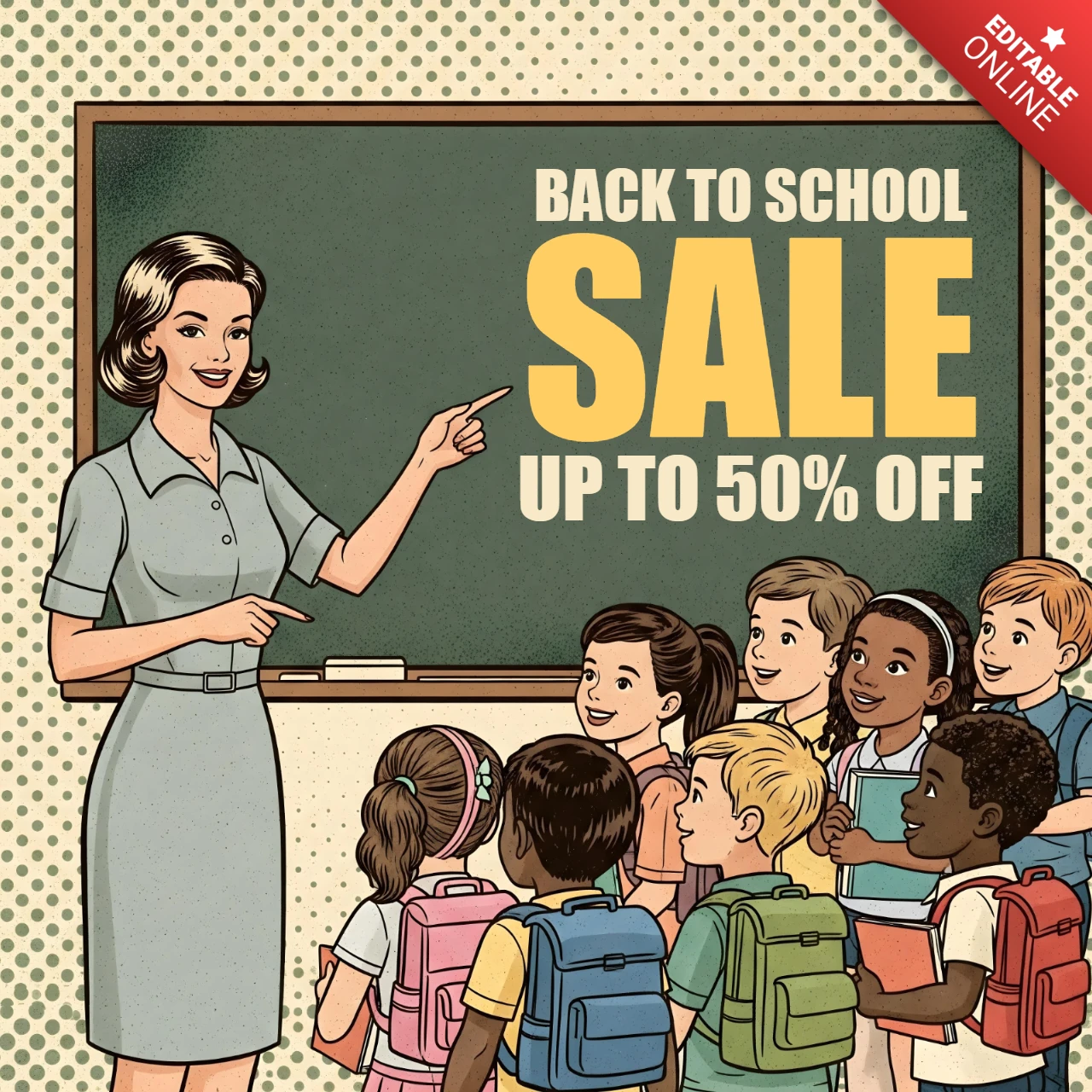 Vintage Klassenzimmer Comic-Stil Zurück-zur-Schule Verkaufsart mit Lehrer- und Schülergruppendesignvorlage für Werbeflyer