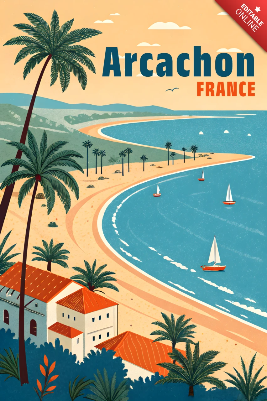 Arcachon Frankreich Vintage Reiseposter Designvorlage mit Küstenlandschaft und Segelbooten