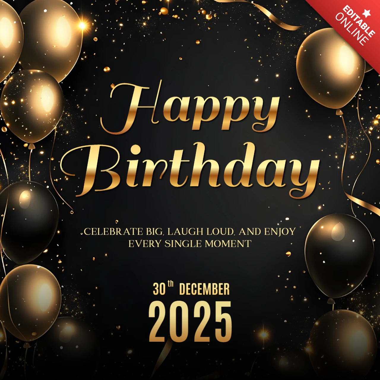 Modello di design di buon compleanno nero e oro metallizzato
