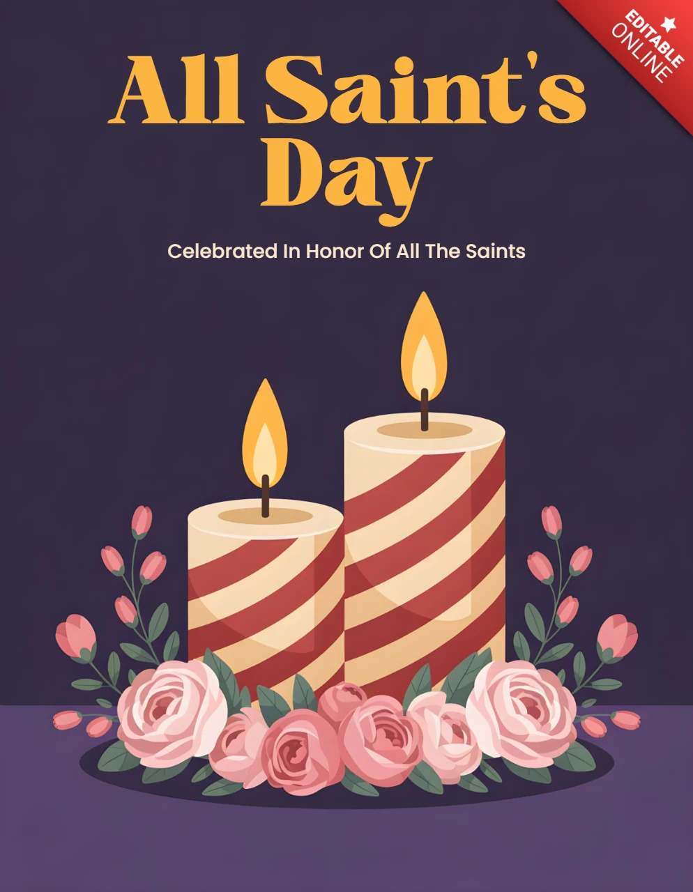 Christian Holiday Wall Art – Candlelight Scene with Pink & Red Roses for All Saints’ Day Greeting Card Design Template