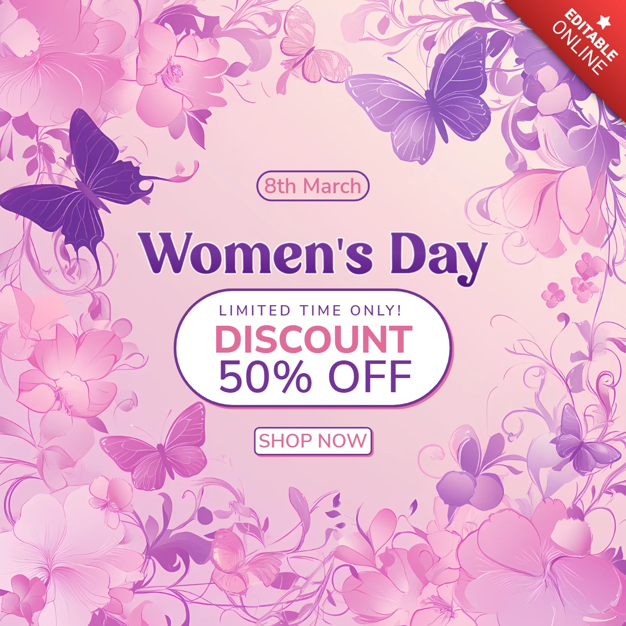 Plantilla de marketing para la celebración del Día de la Mujer con mariposas moradas