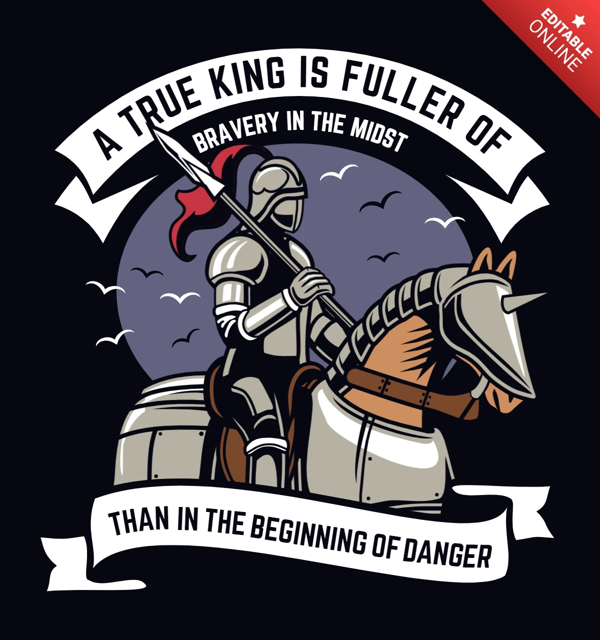 T-Shirt-Designvorlage für einen echten Ritter auf einem Pferd