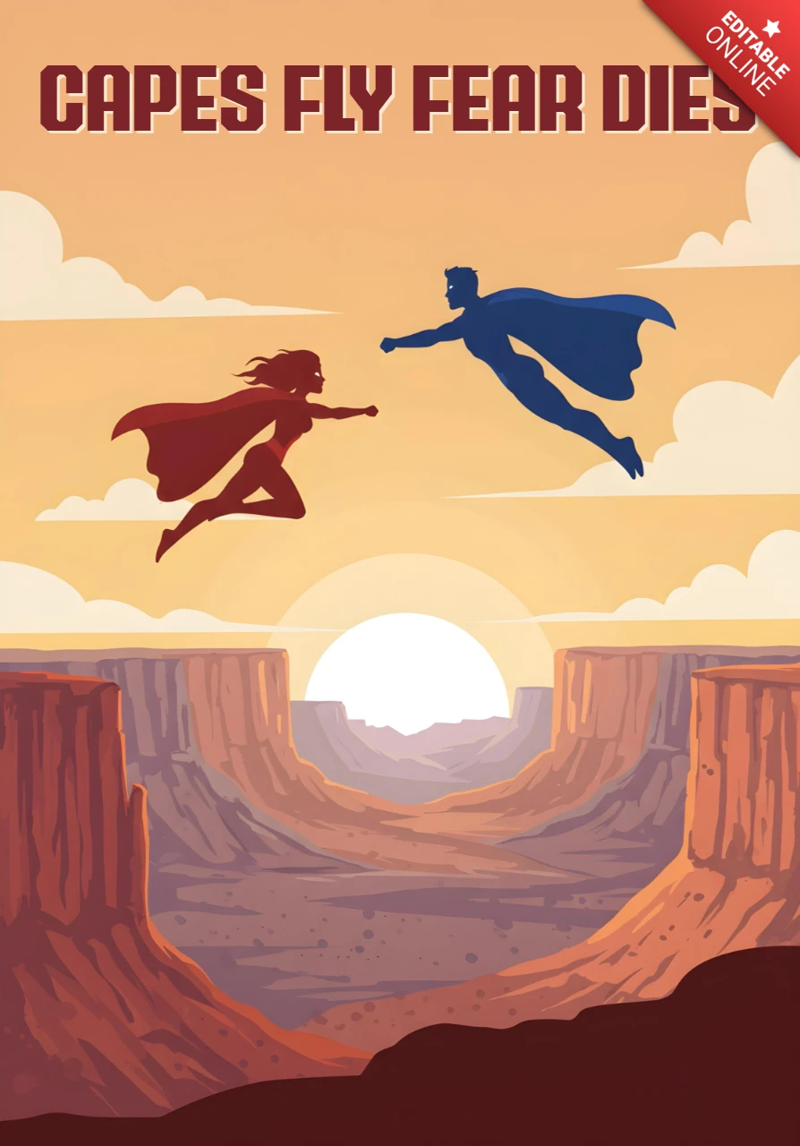 Canyon clash supereroi volanti con mantelli rossi e blu al tramonto modello di design poster