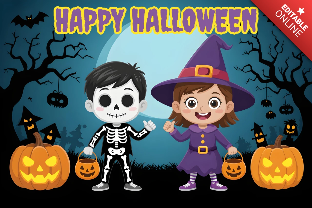 Halloween Party Poster Forest Path with Classic Costumes & Glowing Lantern Decor Design Template for Festive Flyers