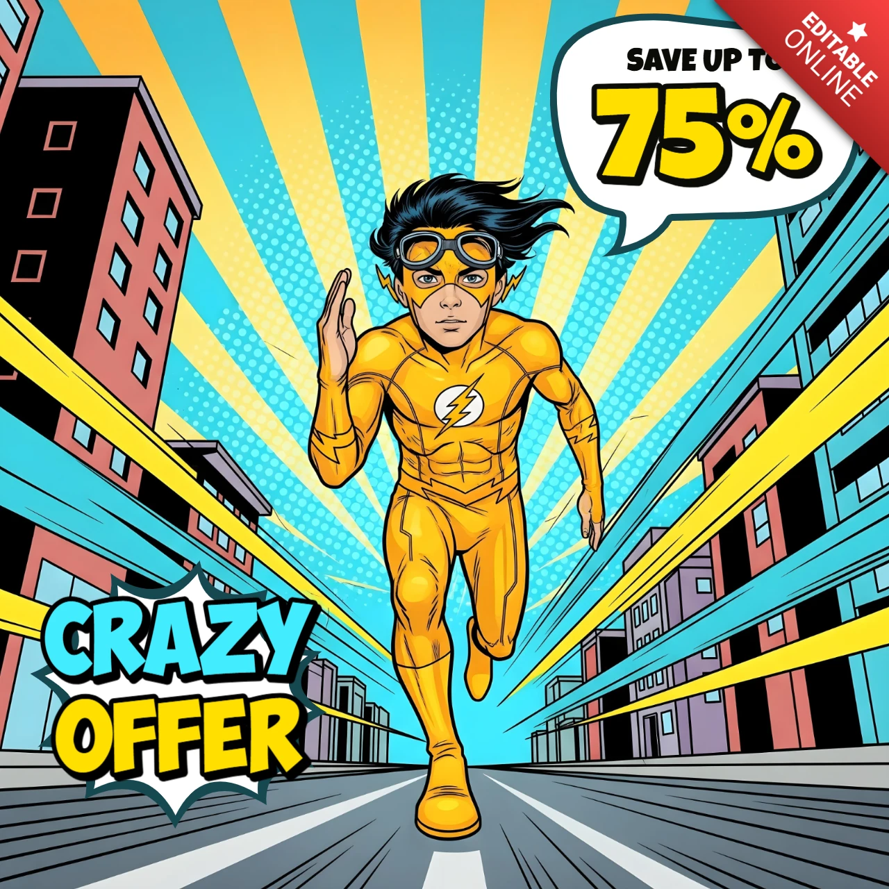 Escena de calle de ciudad con superhéroe de cómic con traje amarillo y diseño de descuento por tiempo limitado para folletos promocionales.