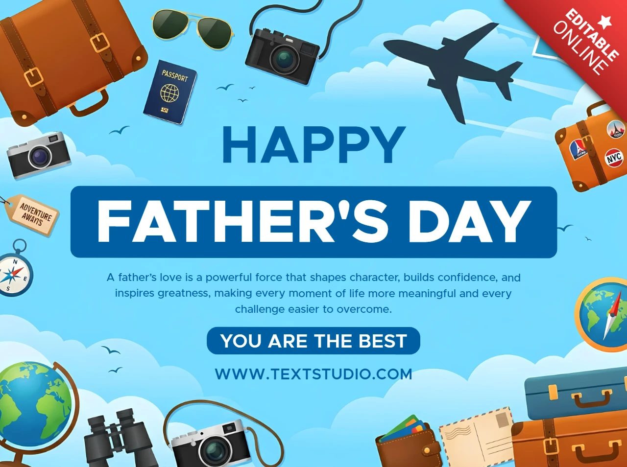 Happy Father’s Day Greeting Card with Travel Adventure and Vacation Elements