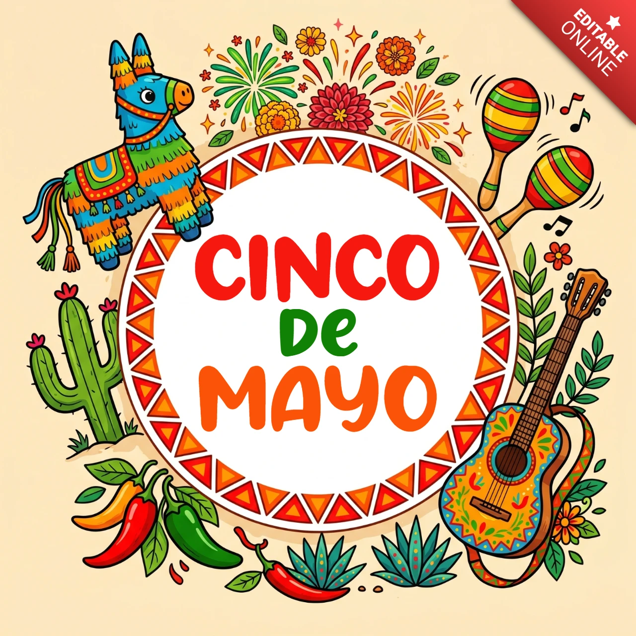Искусство на стене к Cinco de Mayo — круглый дизайн с пиньятой, гитарой, маракасами и яркой праздничной иллюстрацией.