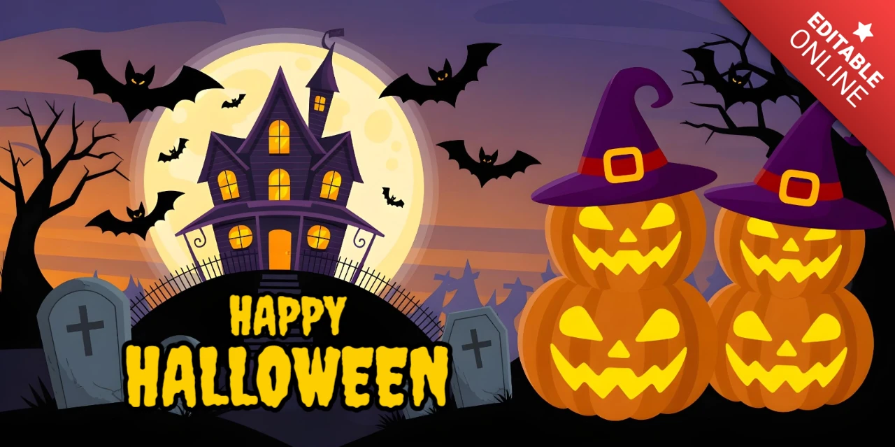 Noite de Halloween assustadora com abóboras iluminadas, morcegos voadores e modelo de design de capa de mansão assombrada para YouTube.