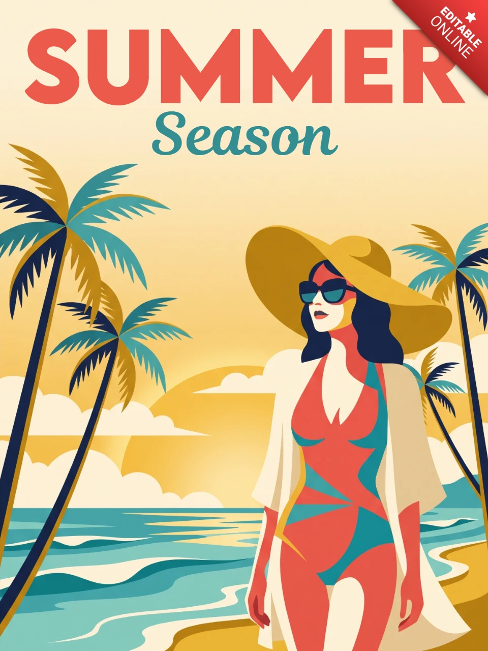 Cartel de playa tropical de temporada de verano con palmeras, olas del océano, personaje con sombrero de sol, cielo vibrante de atardecer amarillo naranja y ambiente relajante de vacaciones