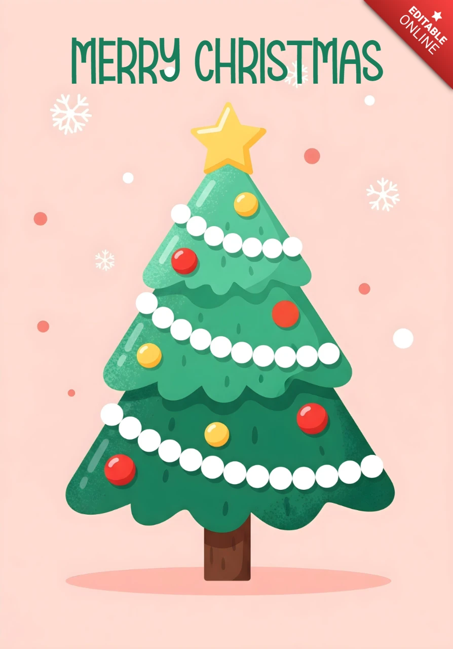 Christmas Greeting Card Design Tree with Red and Yellow Ornaments and Pink Background with Snow Dots Template