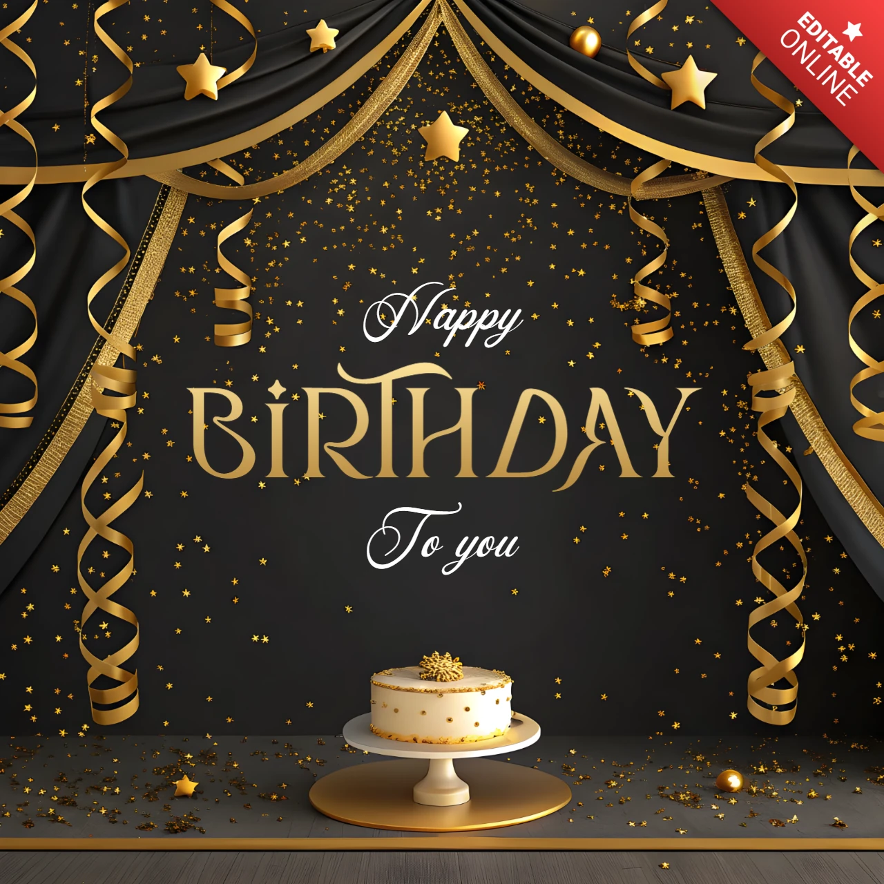 Elegante plantilla de celebración de cumpleaños con detalles dorados y decoración festiva.