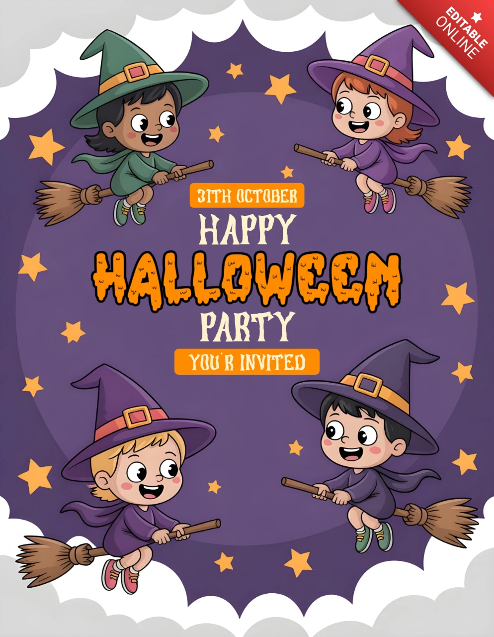 Halloween Party Invitation Template Cartoon Witches on Broomsticks with Stars & Cloud Borders Design for Festive Flyers