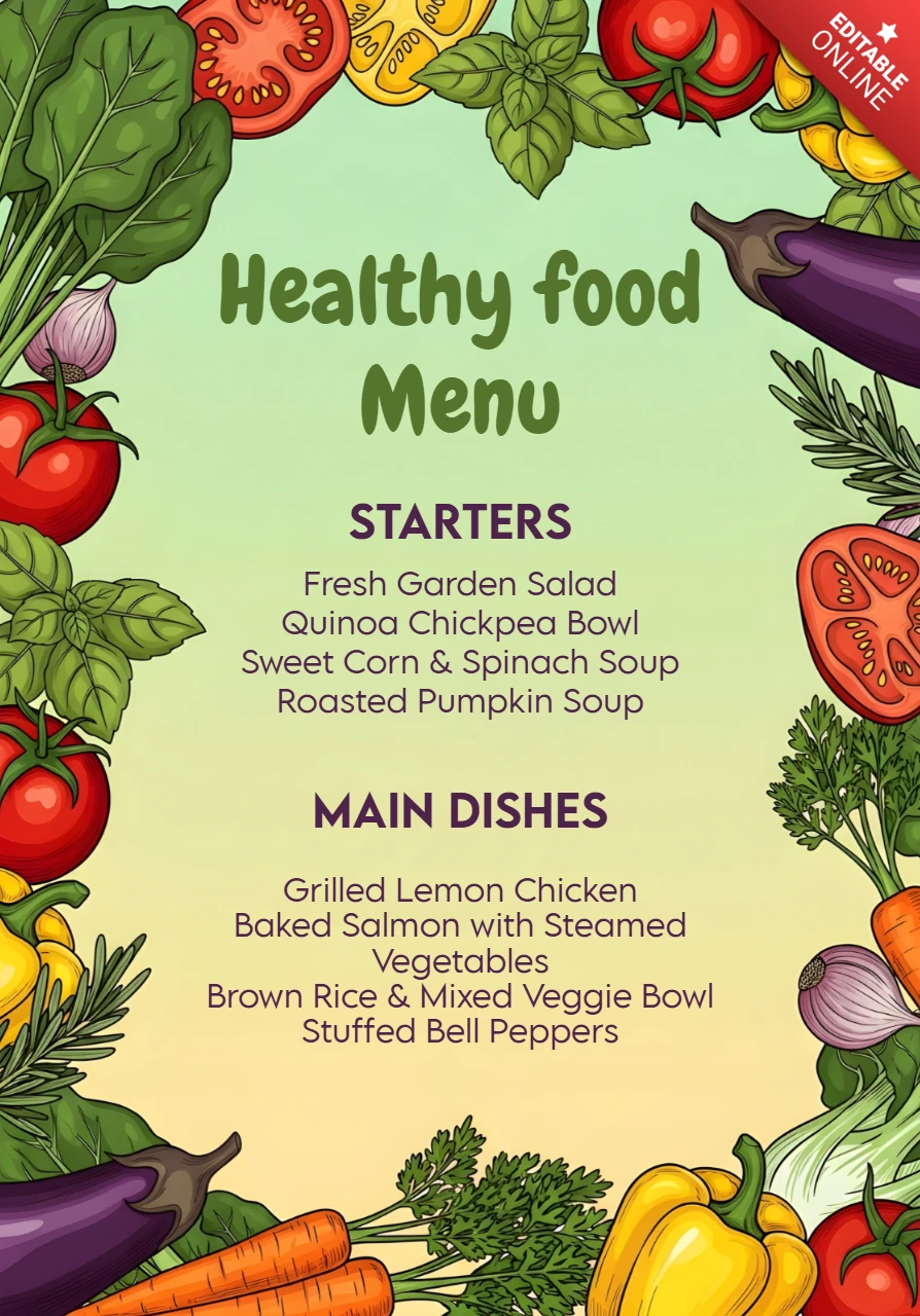 Colorful Vegetable Menu Design Template for Healthy Food Promotion