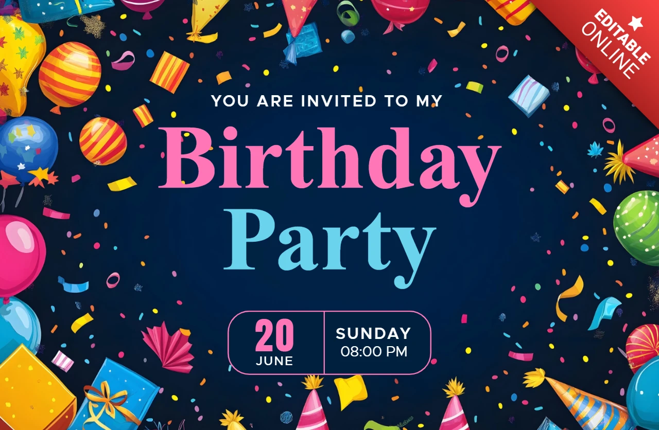 Birthday Party Invitation Card Design with Confetti and Balloons