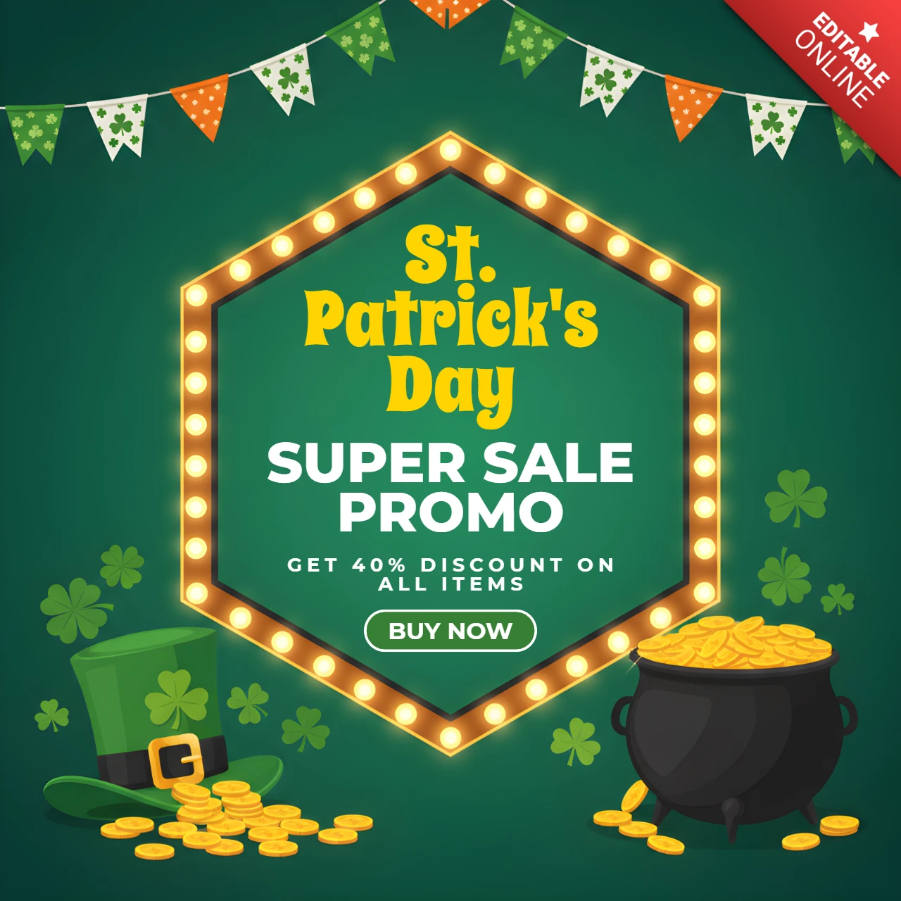 St. Patrick's Day Rabattflyer-Designvorlage mit Kleeblättern, Leprechaun-Hut und festlicher Typografie