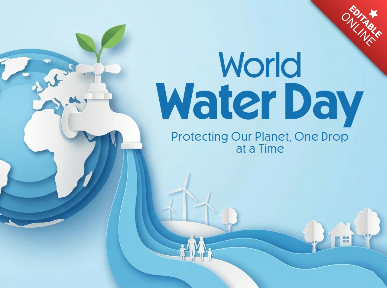 Affiche de la journée mondiale de l'eau 2026 terre avec un robinet laissant couler de l'eau dans des rivières soutenant des maisons, des arbres et des éoliennes.