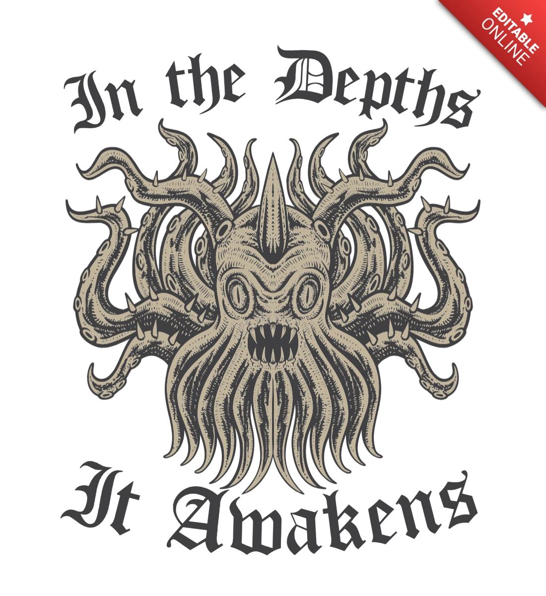 Vintage Horror Design Template: 'In the Depths It Awakens' with Mythical Creature Art