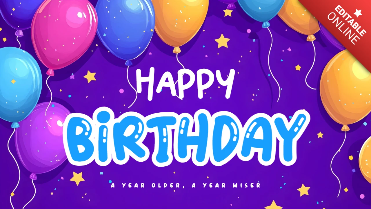 Colorful Balloon Birthday Greeting Card Template with Vibrant Cartoon Typography