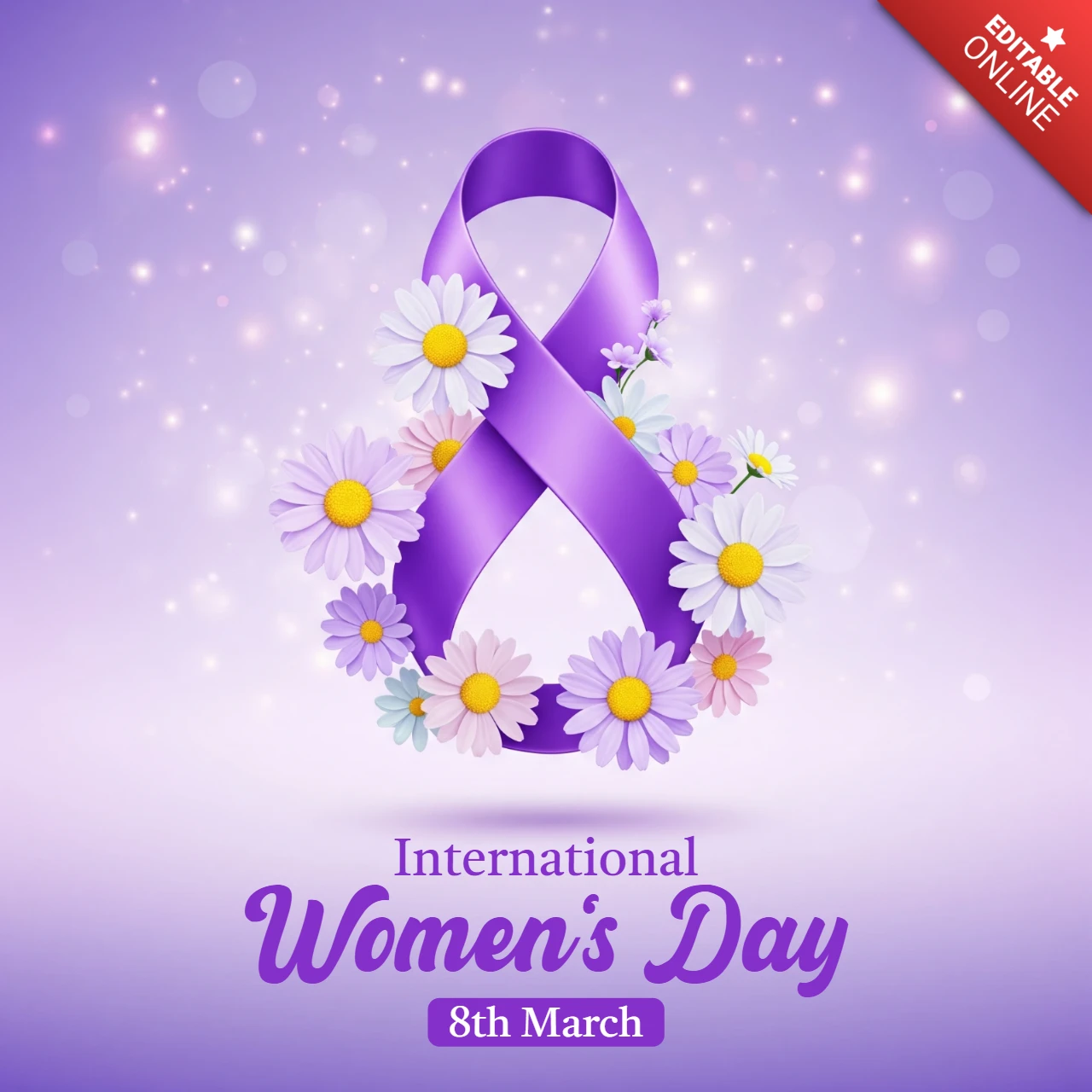Modèle d'affiche pour la Journée internationale des femmes avec symbole de ruban, fleurs et fond décoratif violet.