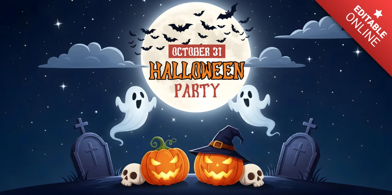 ハロウィンの月明かりの墓場のシーンと不気味な仲間たちのFacebookカバーデザインテンプレート