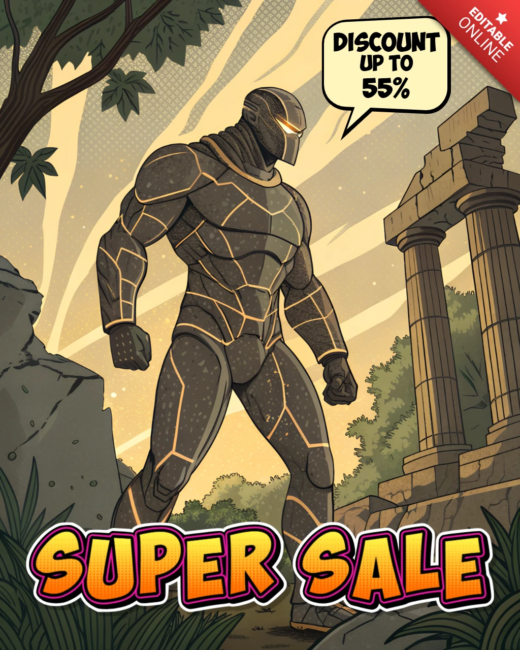 Comic-Stil Super Sale Design-Vorlage mit heldenhaftem Charakter für Werbeflyer